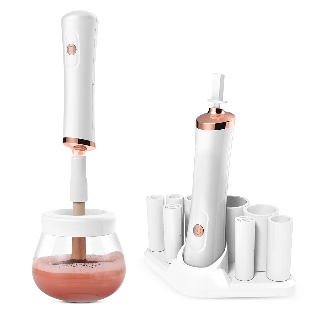 Gleva Automatic Makeup Brush Cleanser: Cleans All Brush Types & Sizes - Includes Spinner Tools - Ideal Gift for Women (White)