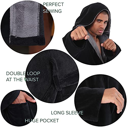 Seakanana Mens Large Hooded Long Black Bathrobe With Chest Button,Big Tall Fleece Housecoat Extra Lightweight And Warm - Small #TOP3