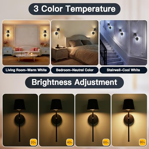 Image of TaoFiaCo Battery Operated Wall Sconces Set of 2,Wireless Wall Sconce Black | 5200mAh Rechargeable, Remote, Timer, Dimmable, Cordless Wall Light for Bedroom Living Room, Hallway, Light Decor