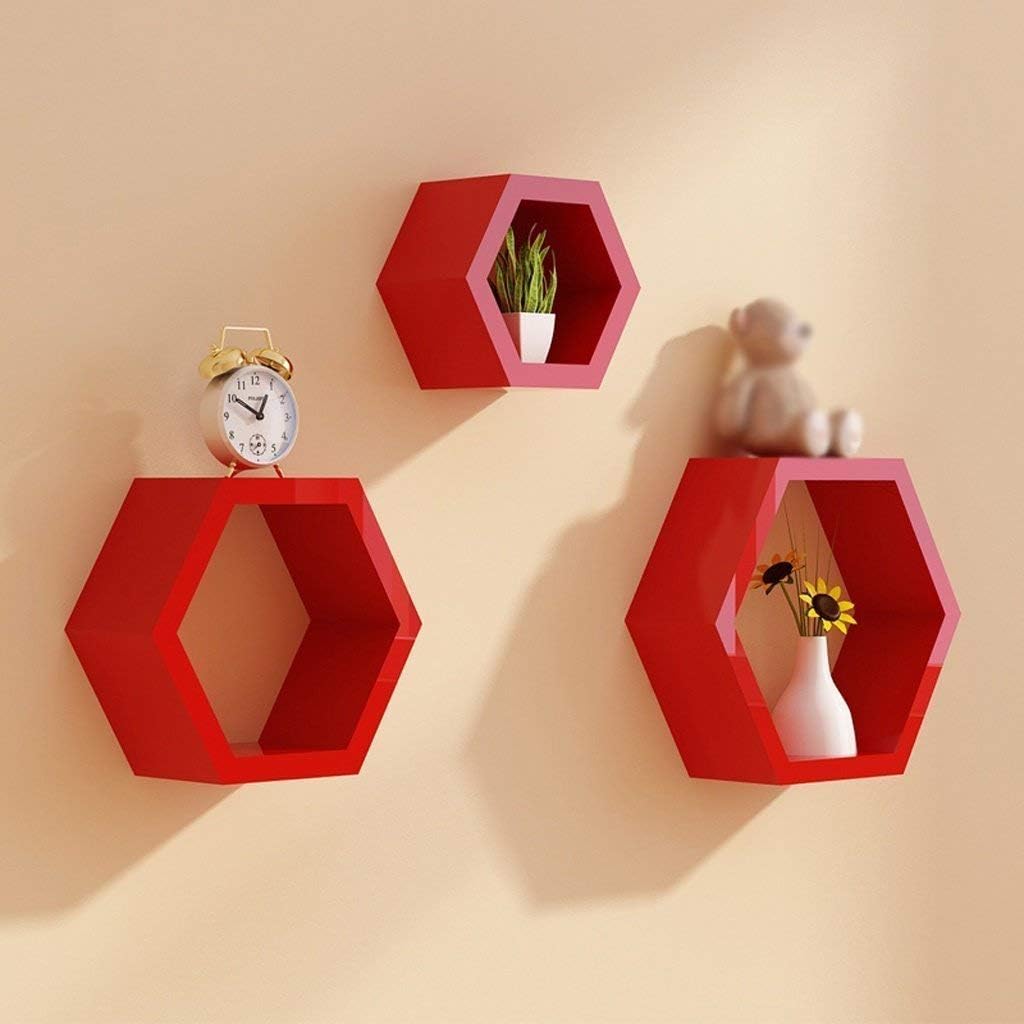 Amaxo Wooden Hexagon Shape Wall Shelves Wall Rack Wall Shelf for Home Decor, Living Room, Wall Decor, Gifting Item Set of 3- red