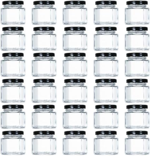 Tebery Paquete de 30 mini tarros de cristal hexagonales de 1.5 oz con tapas y etiquetas negras, tarros pequeños de miel, especias para regalos de boda, bricolaje