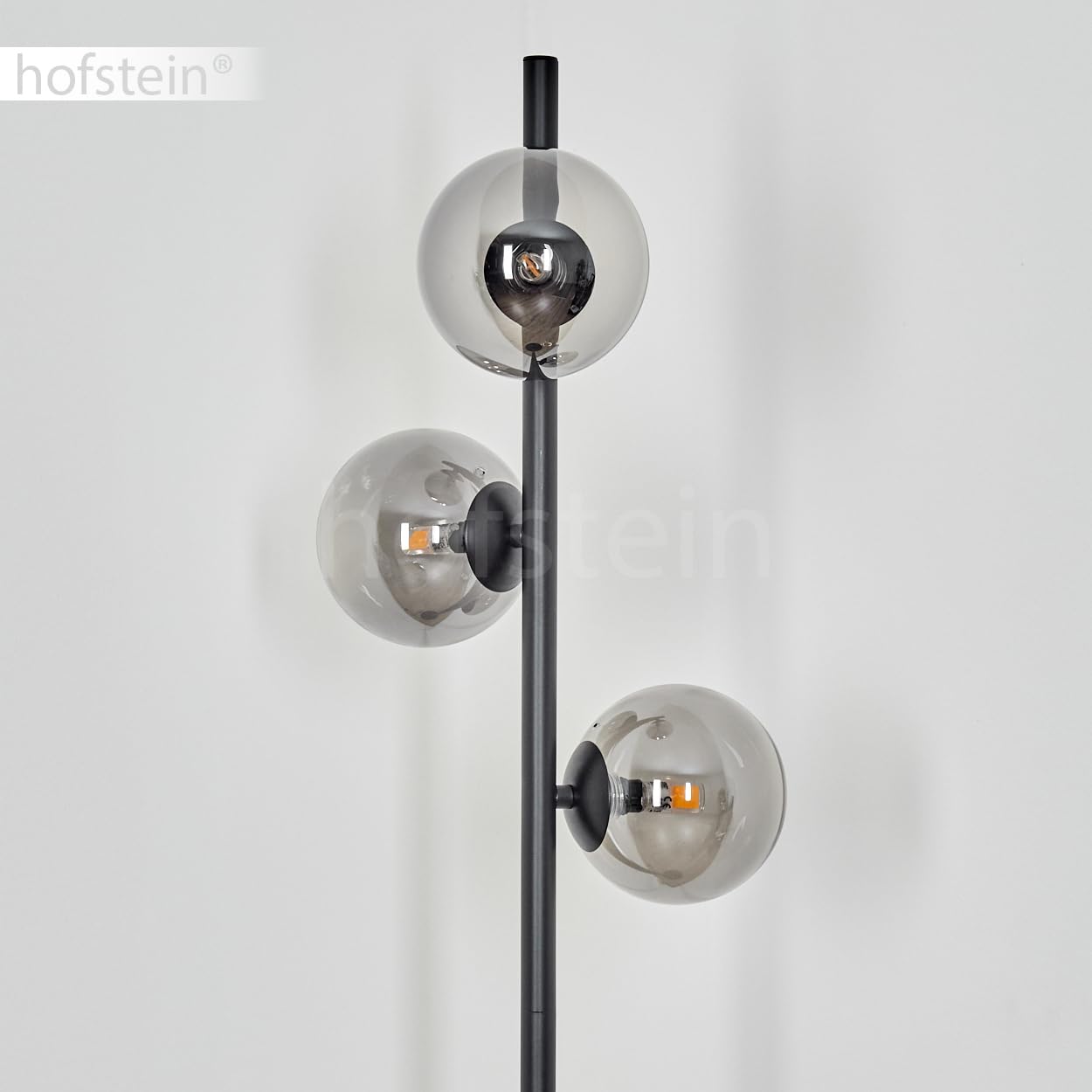 Stehleuchte Remaisnil, moderne Stehlampe aus Metall/Glas in Schwarz/Rauchglas, Standleuchte mit Schirmen aus Glas (Ø 12 cm), mit Fußschalter am Kabel, 3 x G9, ohne Leuchtmittel