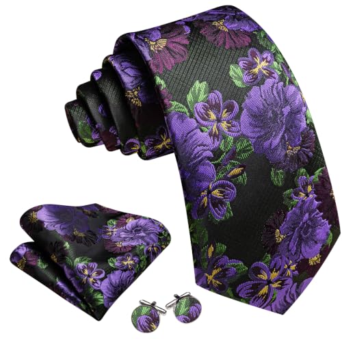 Image of Barry.Wang Flower Ties for Men Silk Woven Floral Tie Sets Necktie Handkerchief Cufflinks Wedding Party