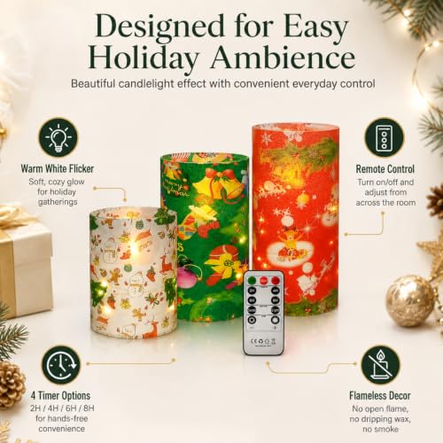 Image of Floral Flameless Candles with String Lights - 3pcs Battery Operated Candle Flickering Christmas LED Pillar Candles with Timer Remote for Home Decor Romantic Ambiance,CH