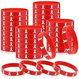 Quelay Tondiamo 48 Pcs Red Ribbon Week Silicone Bracelets Heart Awareness Drug Free Awareness Support Bracelets for Heart Month Cancer Cause Public Charity Welfare Activities