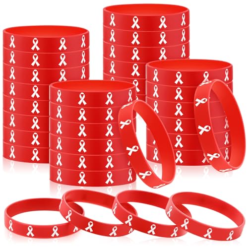 Quelay Tondiamo 48 Pcs Red Ribbon Week Silicone Bracelets Heart Awareness Drug Free Awareness Support Bracelets for Heart Month Cancer Cause Public Charity Welfare Activities