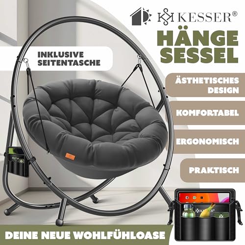 KESSER® Hängesessel mit Gestell Bali Hängeschaukel Hängestuhl bis 150kg für Indoor und Outdoor + Kissen & Seitentasche Hängekorb Stahlgestell & Schaumstoff Sitzpolster 2
