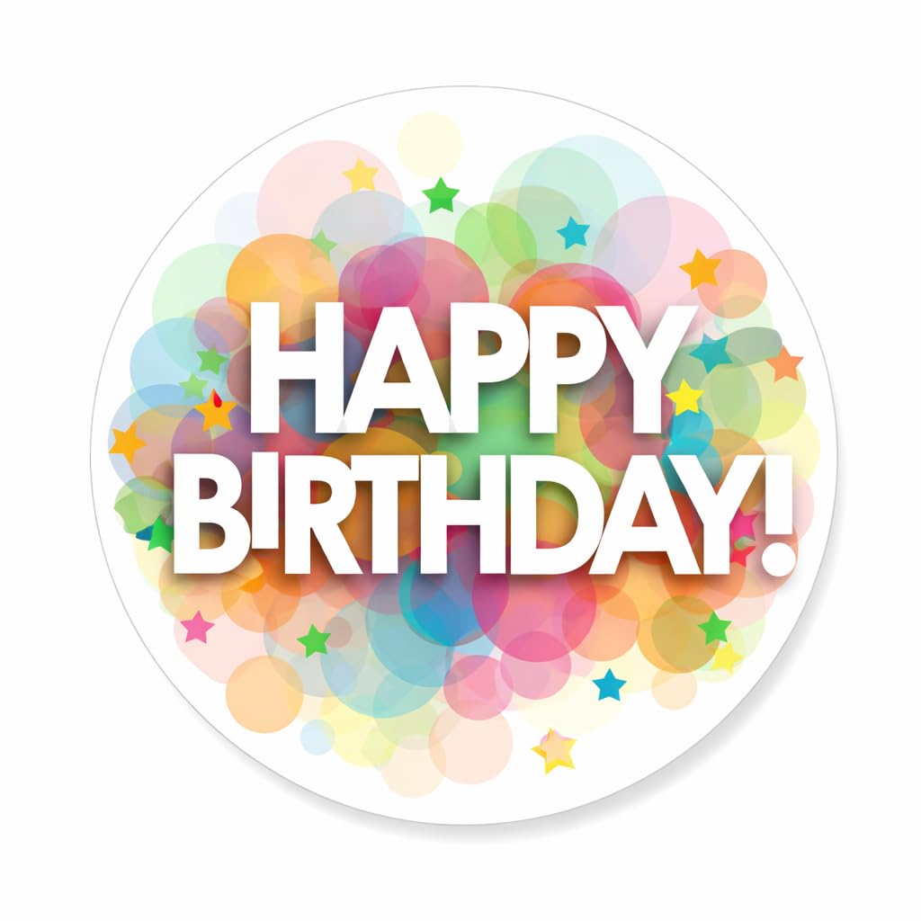Custom Label Design Ltd White 48 X 37Mm Round Colourful Happy Birthday Stickers – Bright Party Bag Favours & Thank You Gift Labels (Pack Of 48)