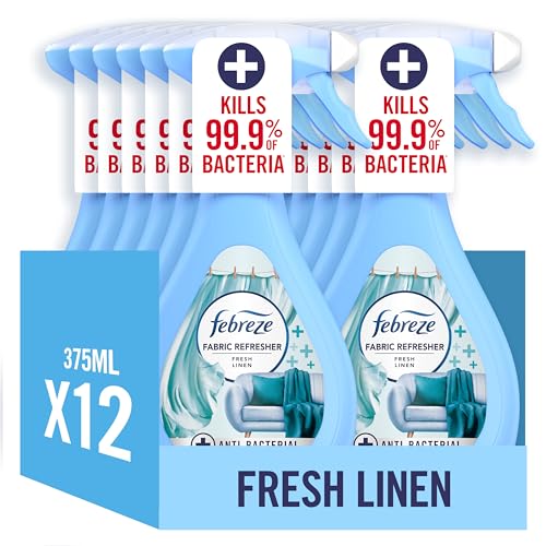 Febreze Antibacterial Fabric Freshener Spray Fresh Linen 12 x 385ML Kills 99.9 percent Of Bacteria Fights Tough Odours And Freshens