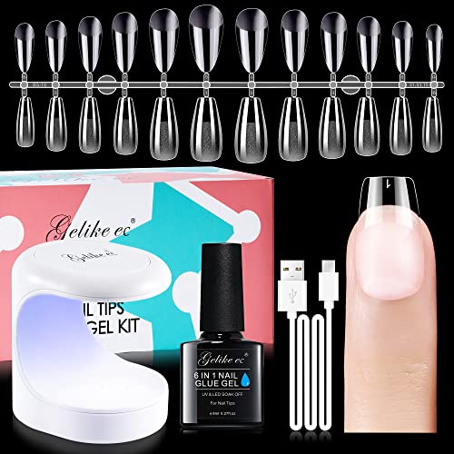 Gelike ec Capsule Americaine Ongle Court Kit - Pose Americaine Ongles Court Carré, Colle Faux Ongles d'Extension, Gel Nail Kit x 240PCS, Portable Lampe Led Ongle UV Nail Art, Débutant Cadeau Noël