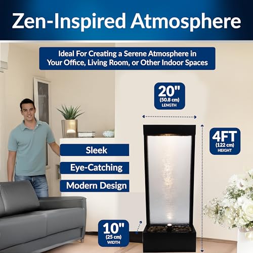 Image of Alpine Corporation MLT170S 48 inch Indoor Outdoor Waterfall Fountain with LED Light Modern Glass & Aluminum Black Wall Water Feature for Home, Patio, Garden Decor Soothing Cascading Indoor Water Fountain