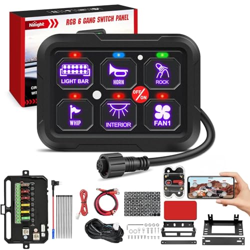 Image of Nilight 6 Gang Switch Panel Relay System w /APP Control Automatic Dimmable | RGB Backlight Panel Circuit Control 1-side Output Fuse Wiring Harness ON Off LED Switch Pod for 12V 24V Car Truck Camper SUV