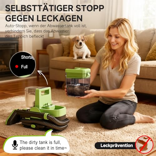 Polsterreiniger Gerät mit Heißdampf & 17KPa - 1800W Waschsauger Teppichreiniger mit Sprachfunktion & Selbstreinigung - Für Sofa, Teppich, Auto, Treppen - 4 Zubehör, Grün