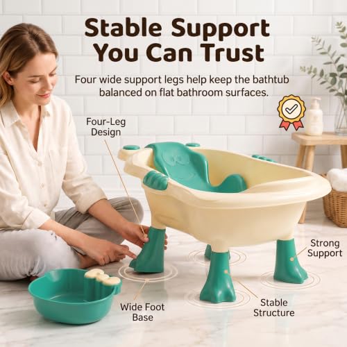 Image of StarAndDaisy Baby Bath Tub for 0 to 5 Years with Bathing Accessories Tray & Mug | Baby Bather for 0 to 2 Years | BPA Free Baby Bath tub for Kids 0-3 Years with 4-Leg Support (Cream-Green, Bathtub with Legs)