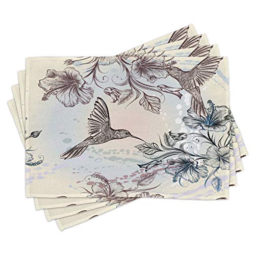 Ambesonne Hummingbird Place Mats Set Of 4, Birds And Hibiscus Flowers Nostalgia Antique Design Classical Print, Washable Fabric Placemats For Dining Table, Standard Size, Teal Brown #TOP17