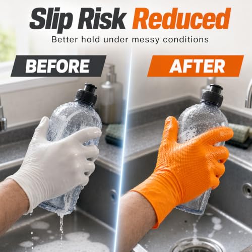 Image of BusyLive Disposable Nitrile Gloves with Diamond Texture for Kitchen | Textured Grip and Heavyweight Design, Latex Free Work Gloves for Cleaning, Mechanics, and Gardening