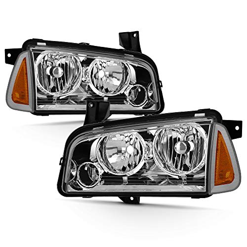 ACANII - For 2006-2010 Dodge Charger Chrome Housing Headlights Headlamps w Corner Lights 4Pcs Driver + Passenger Side