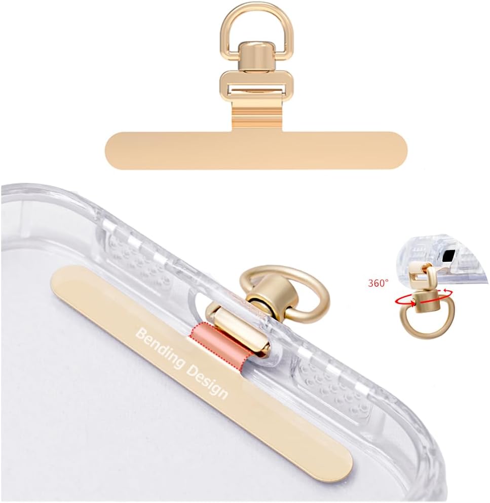 Phone Tether Tab, 360° Rotation Ultra-thin 0.2mm Bending Design Universal Stainless Steel Phone Lanyard Tab Without Adhesive,Metal Phone Lanyard Replacement Patch for Cell Phone (Gold)