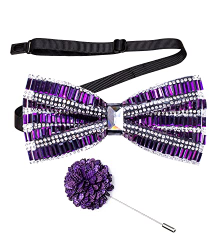Image of Hi-Tie Pretied Bowtie Lapel Pin Set for Men Pocket Square Cufflinks 4PCS Bow Tie Set Mens Wedding Business Party, Crystal Purple White