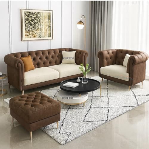 Image of Modern Classic 5 Seater Sofa Set Couch Fabric & Valvet Tufted 3+1+1Chesterfield Sofa Living Room and Office (Leathrette Brown & Velvet Beige 3+1 and footrest) | Premium Material