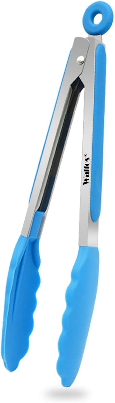Walfos Kitchen Tongs - Heat Resistant 480℉ Cooking Tongs, Thickened Stainless Steel and BPA Free Silicone Tips, Great for Cooking, Grilling, Turning, 23 cm Food Tongs