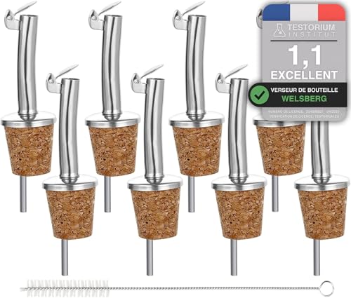 Welsberg 8x Bouchon Verseur en Liège et 1 Brosse de Nettoyage, Becs Verseurs avec Clapet, Verseur Réutilisable pour Bouteilles de vin, d'huile, de liqueur, de vinaigre