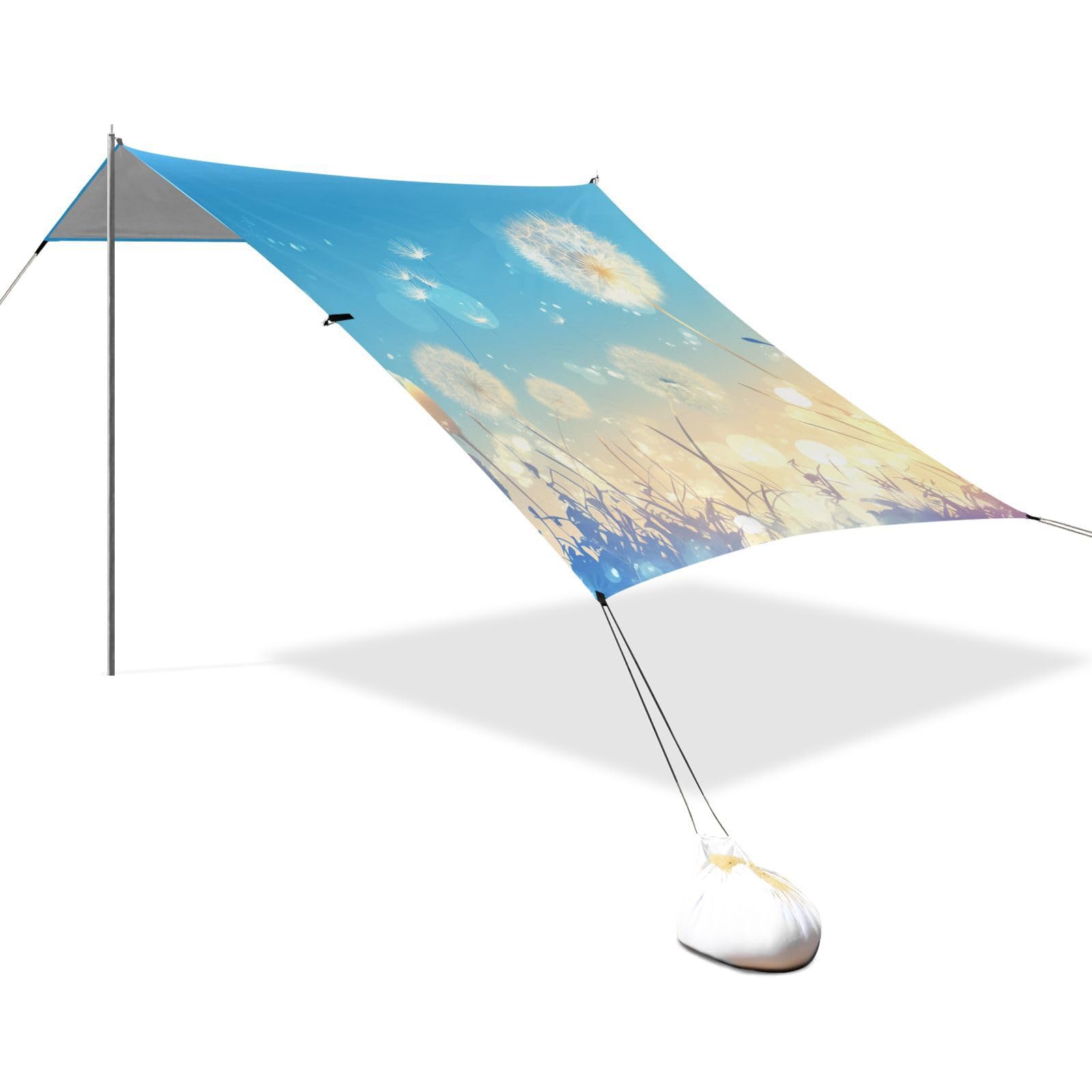 Blue Flower Foldable Beach Canopy UPF50+ Waterproof Sun Shelter with Sandbags & Sand Shovel for Backyard, Grassland, Park