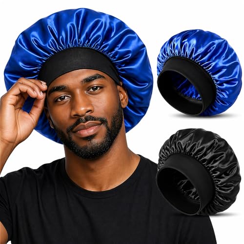 ZHENSILK 2PCS Silk Satin Bonnet for Men Sleeping Soft Hair Cap for Locs Dreads Braids Lightweight Night Bonnet for Curly Hair Protection (Black Silver)