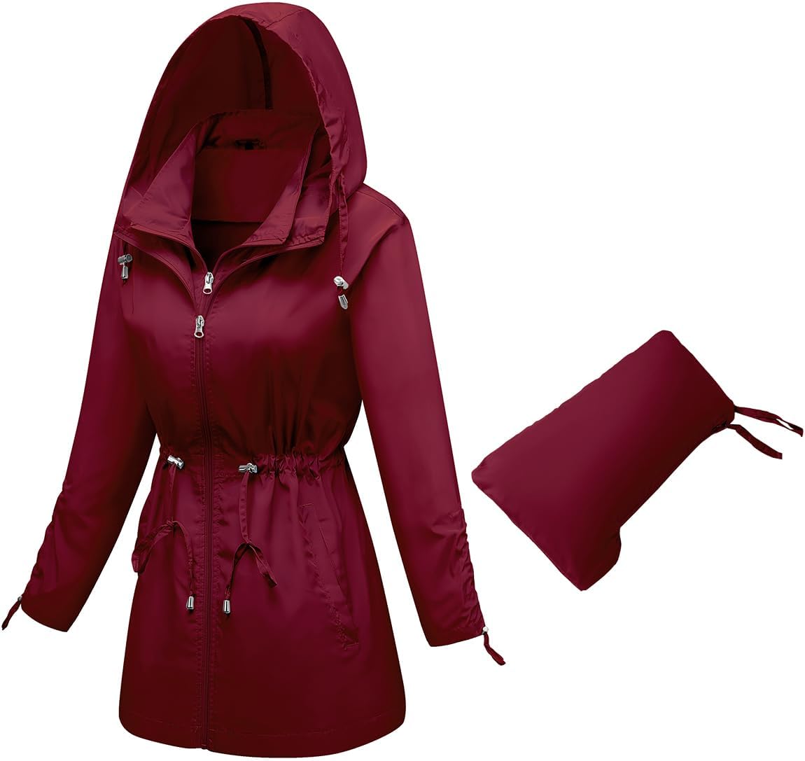 Rain-Jacket Women-Waterproof Lightweight-Packable Hood-Raincoat — Travel Windbreaker Coat in A Pouch Polka Dot