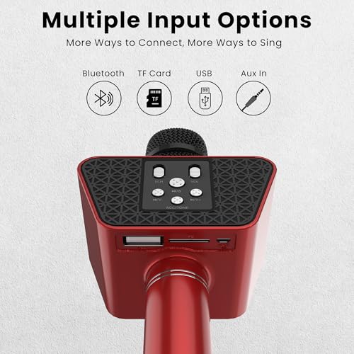 Image of LANDMARK BT55 Handheld Wireless Singing Mic Multi-Function Bluetooth Karaoke Microphone with Inbuilt Bluetooth Speaker, Recorder for Smart Phones, Laptop, Tablet - Red