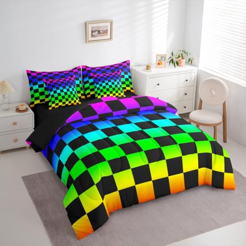 Image of Multicolored Checkered Retro Comforter Set With Sheets 7 Piece Queen Size Geometric Vintage Bed in a Bag Kids Boys Girls Colorful Bedding Set Modern Groovy Aesthetic Bedroom Decor Breathable Soft
