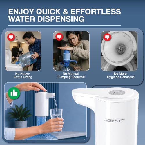 Image of Robustt Water Dispenser Pump for 20 Litre Water Bottle | USB Type-C Rechargeable Electric Water Can Dispenser | One-Touch Drinking Water Dispenser for Home, Office & Outdoor Use | White