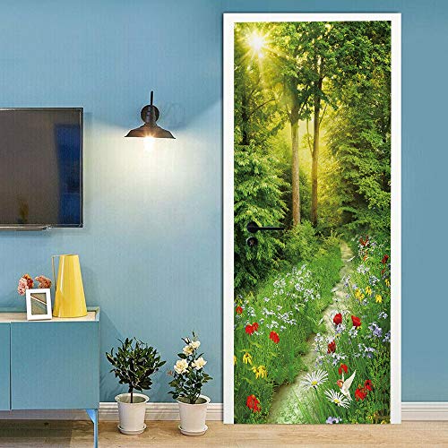 Türtapete selbstklebend Türposter Blumenwaldlandschaft Abnehmbar Fototapete Türfolie Poster Tapete 90x200cm Cover