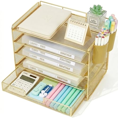 LEKETREE Desk Organizers and Accessories, 5-Tier Paper Letter Tray Organizer with Drawer & 2 Pen Holders, Desktop Organizer for Office Supplies (Gold)