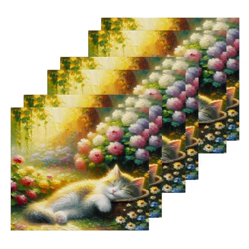 YANENDIE Cute Sleeping Cat Washcloths Towels, Highly Absorbent and Soft Cotton Face Cloths, 6 Pack Quick Dry Wash Cloths - 12 X 12 Inches