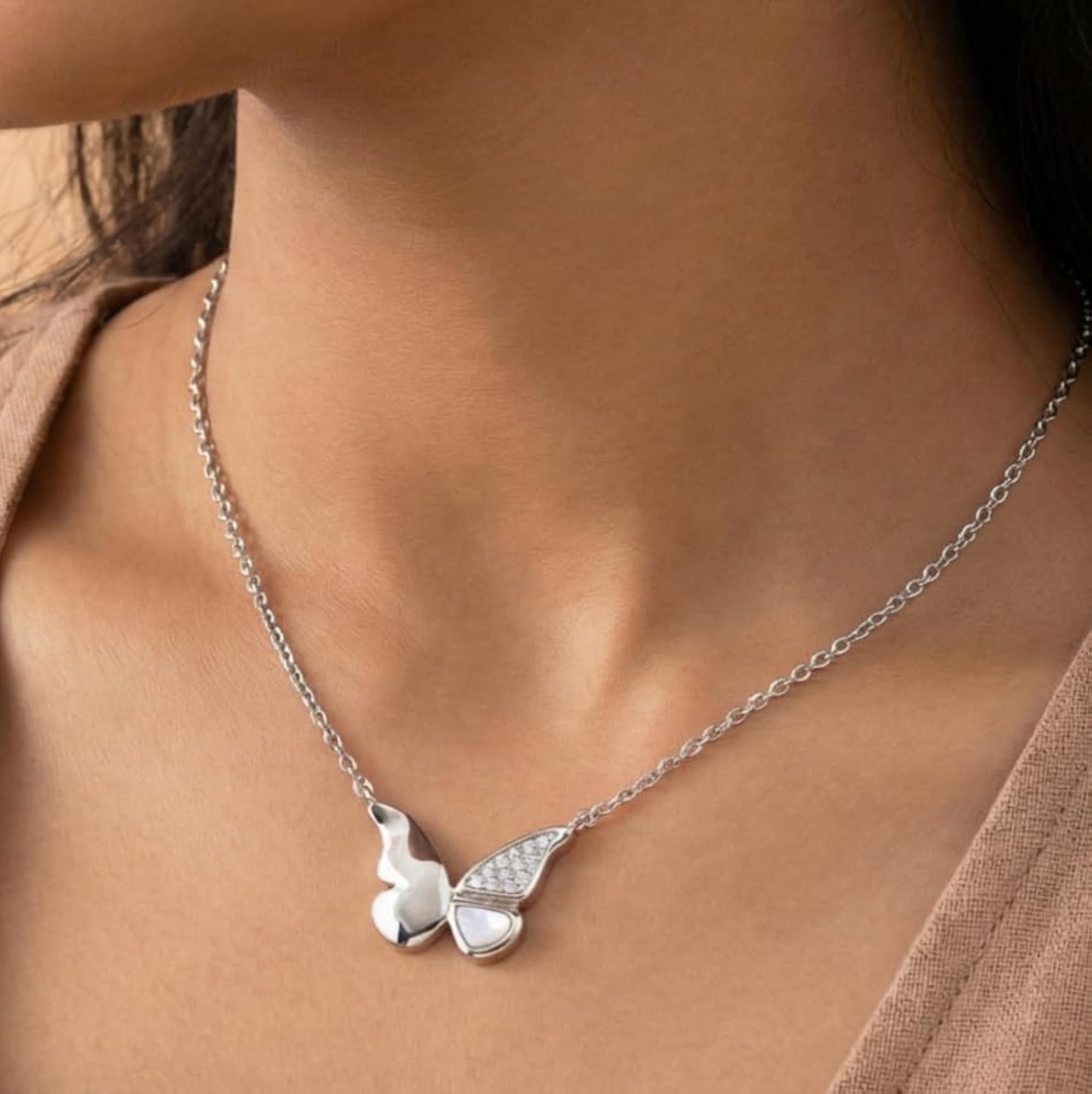 Sterling Silver 925 Butterfly Pendant Necklace, Rhodium Plated