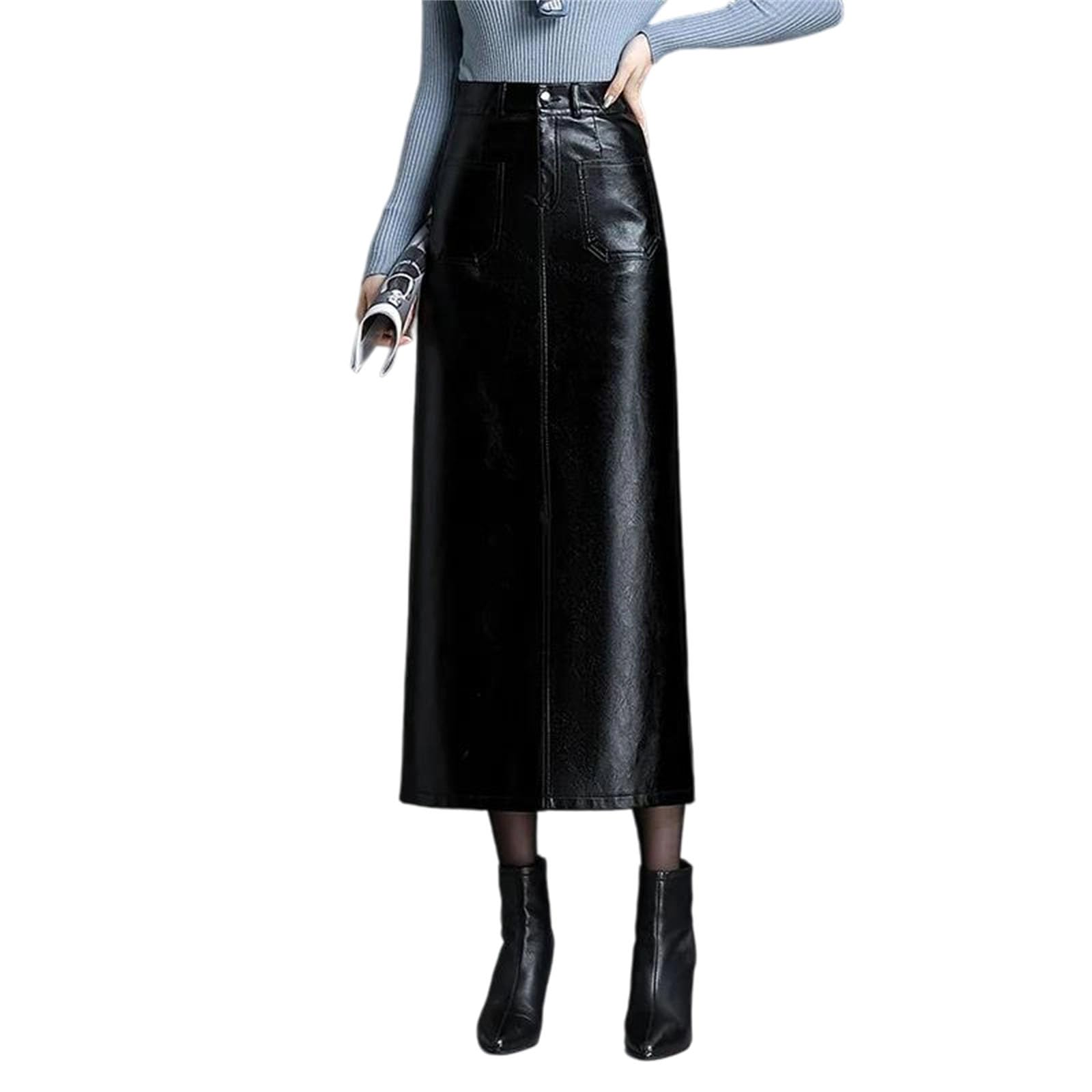 Womens Slim Fit Leather Straight Skirt Featuring A High Waist and A Front Slit with Functional Pockets Mid-Calf