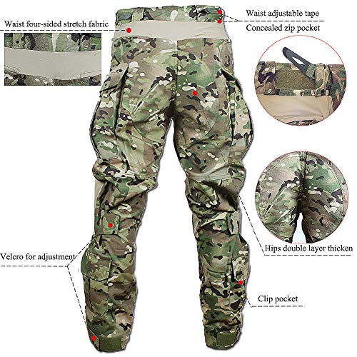 Men\'s Multicam Tactical Combat Pants with Knee Pads, Multi-Pockets Adjustable Elastic Outdoor Trousers for Airsoft Military Hunting (CP, Large) - Thumbnail 4