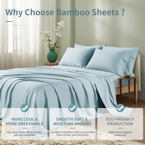 Image of Shilucheng 6 Piece King Sheet Sets, Cooling Sheets, Blend Rayon Derived from Bamboo, Deep Pocket Up to 16 inch, Breathable & Soft Bed Sheets, Hotel Silky Bedding Set, Spa Blue