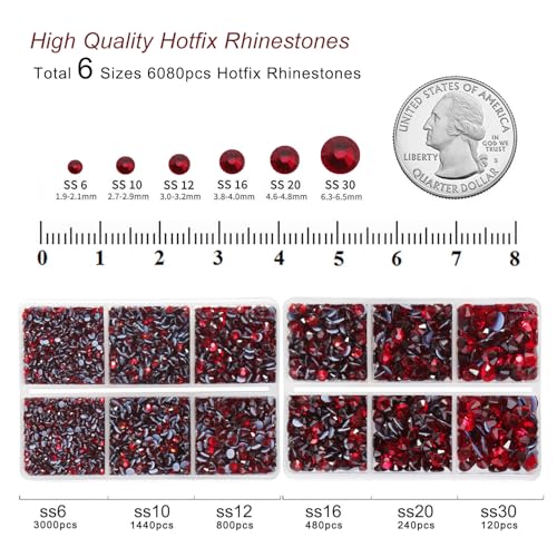 Image of BEADSLAND Hotfix Rhinestones, 6080PCS Dark Red Rhinestones for Clothes Crafts Mixed 6 Sizes with Wax Pencil and Tweezers Kit, SS6-SS30, Dark Siam