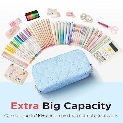Image of Sooez Large Pencil Case Pouch, Extra Big Pencil Bag with 8 Compartments, Pen Bag Wide Opening, Soft Quilted Pencil Pouch Organizer with Zipper, Portable Pencil Case for Teen Girls, Sky Blue