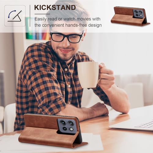 Image of Jasonyu Case for Motorola Edge 50 Neo Leather Wallet Flip Cover with Card Holder,Kickstand, Magnetic Closure,TPU Shockproof Phone Case (Brown)