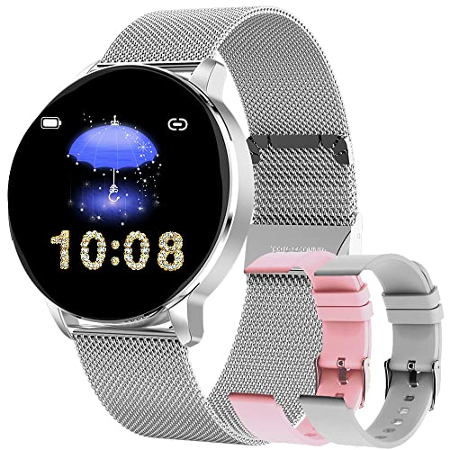 Montre Connectée Femme, Smartwatch Compatible Samsung Huawei Xiaomi Android iOS Podometre Montre Sport Cardiofrequencemetre Etanche IP67 GPS Partagé Sport Notification de Message(Argent)