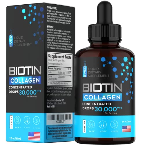 Liquid Collagen & Biotin Drops - Made in USA - Natural Biotin and Collagen Supplements for Skin, Nails, Joints & Fast Hair Growth - Liquid Biotin 10000mcg with Liquid Collagen for Women & Men -2fl oz