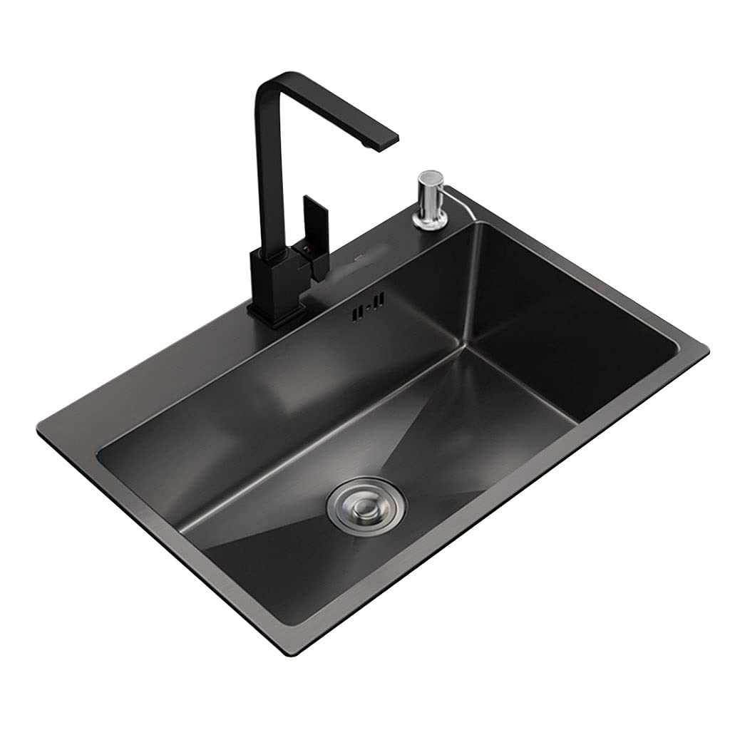 ZQFHSX Kitchen Sinks Wash Menu Sink Black 304 Stainless Steel Nano 21cm Deepened Body With Faucet (Color : Black, Size 55 * 45cm)