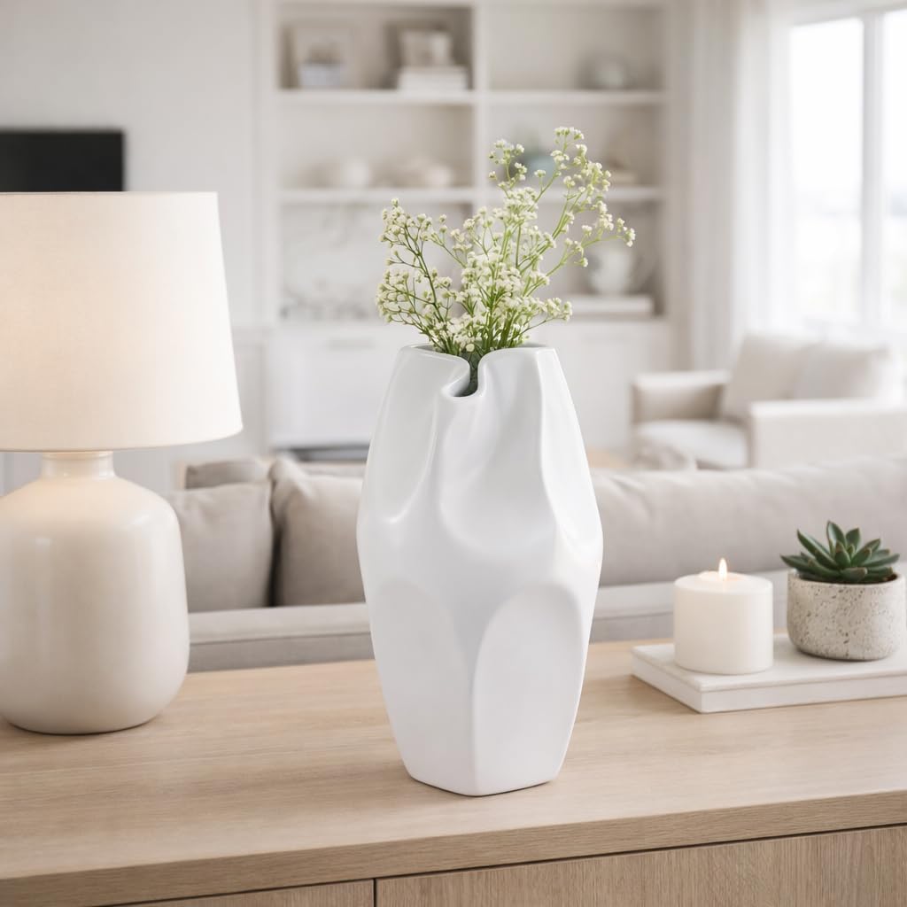 Ceramic Vase – Flower Holder for Table Decor, for Living Room, Dining, and Entryway Placement, Modern Sculptural Design Decorative Vase Home Decor Accent – 14", White