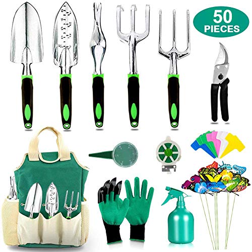 kuman Garden Tool Set 50 Pcs Heavy Duty Gardening Kit with Soft Rubberized Non-Slip Handle, Garden Storage Tote Bag Gardening Supplies Gifts for Men Women