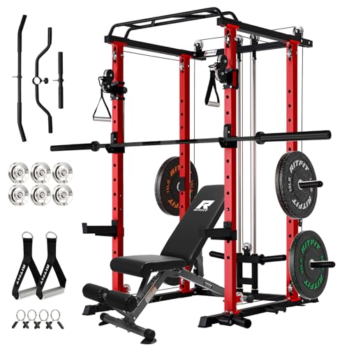 Image of RitFit Multi-Function Garage & Home Gym Package Includes 1200LBS Power Cage PPC03 /P3 with Cable Crossover System, Weight Bench, Olympic Barbell Weight Set, Full Body Workout