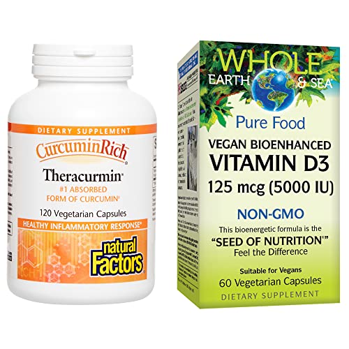 Natural Factors, Curcuminrich Theracurmin, 30 Mg (120 Tablets) & Whole Earth & Sea Vitamin D3 5000 Iu (125 Mcg), Vegan, (60 Capsules) For Immune Support #TOP8