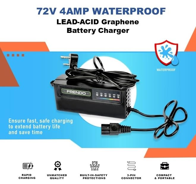Image of 72V 4A Waterproof EV Electric Scooter Lead-Acid & Graphene Battery Charger | Compatible with 72V (12Vx6) Batteries | 3-Pin Connector | Heavy-Duty Fast Rapid Charging (Black)